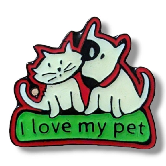 Enamel Hat Lapel Pin I LOVE MY PET Cat & Dog Schering Plough Animal Health - Picture 1 of 2